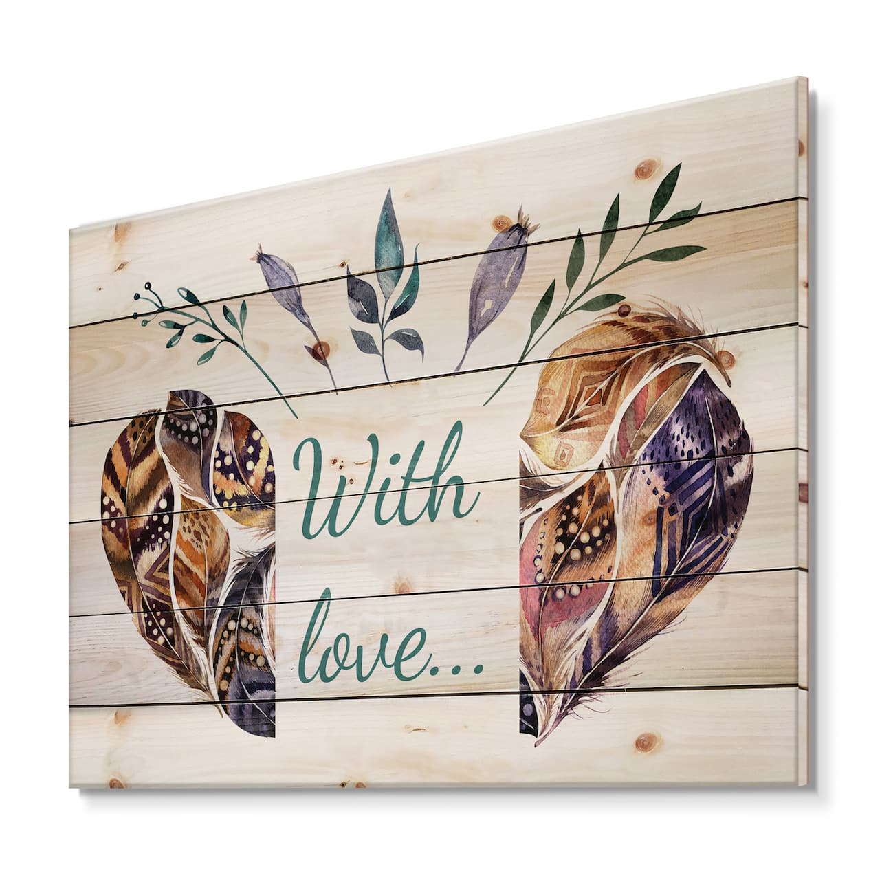 Designart - Hearted Shaped Valentine Feathers - Traditional Print on Natural Pine Wood